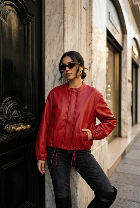 Veste bomber similicuir rouge 7121