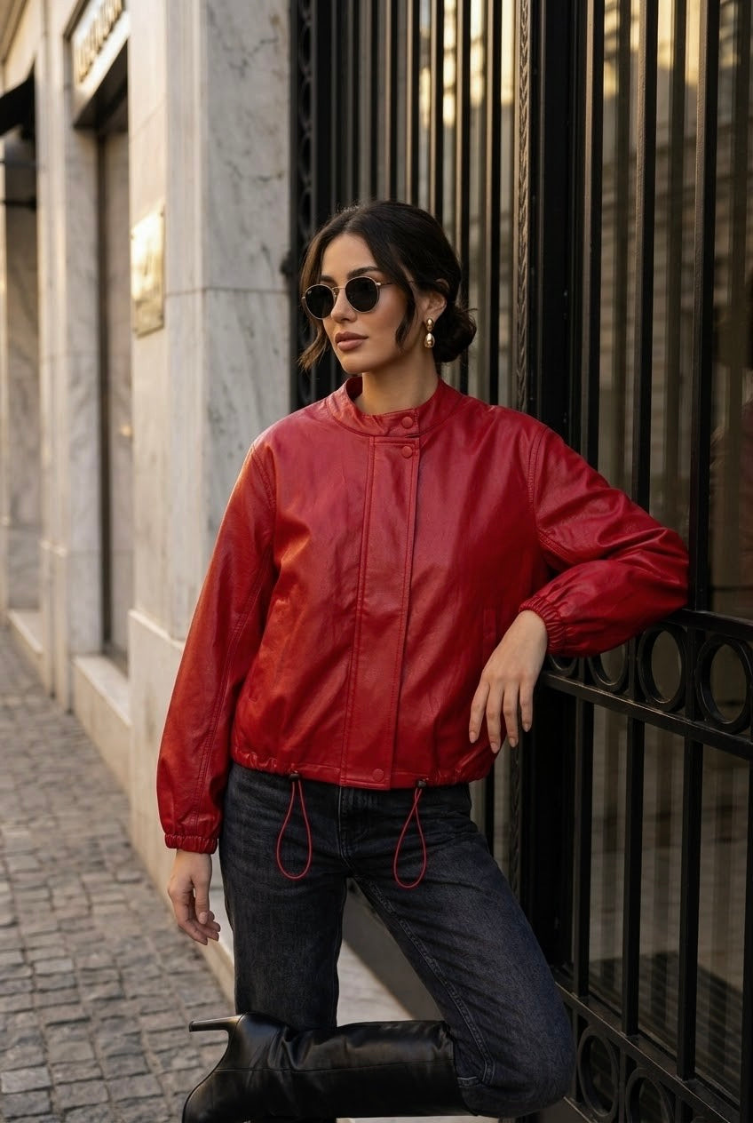 Veste bomber similicuir rouge 7121