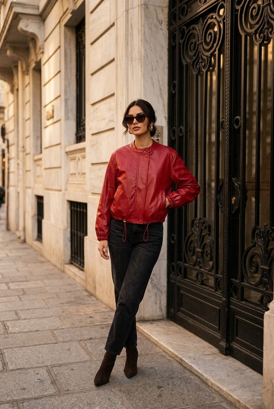 Veste bomber similicuir rouge 7121