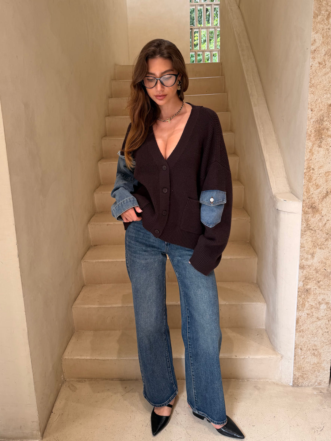 Gilet boutonné Maille manches jeans H905
