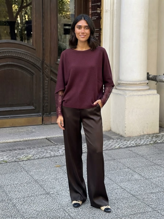 Pull manches dentelle Prune 2041