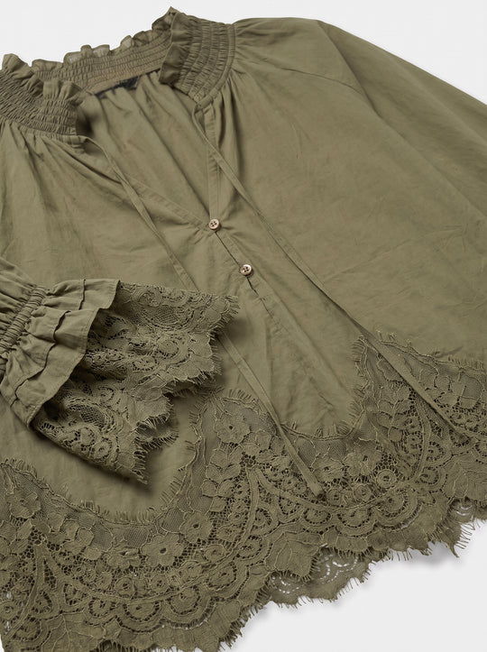Blouse manches dentelles Vert H3052