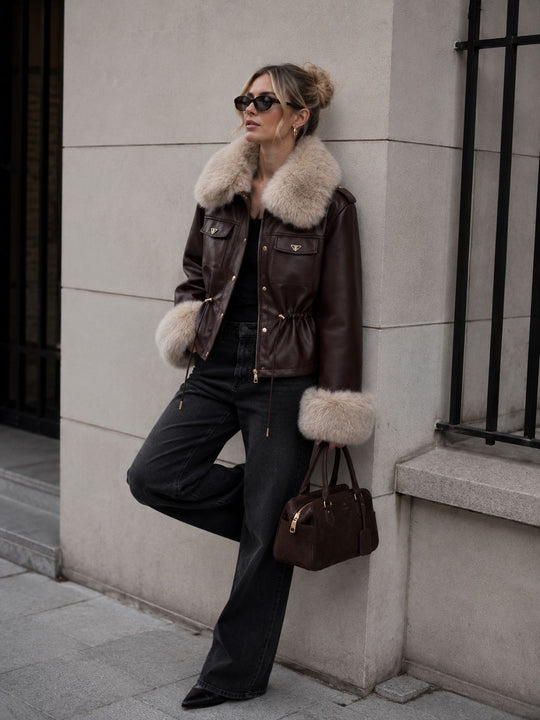 Veste similicuir bordeaux avec fourrure beige  202311