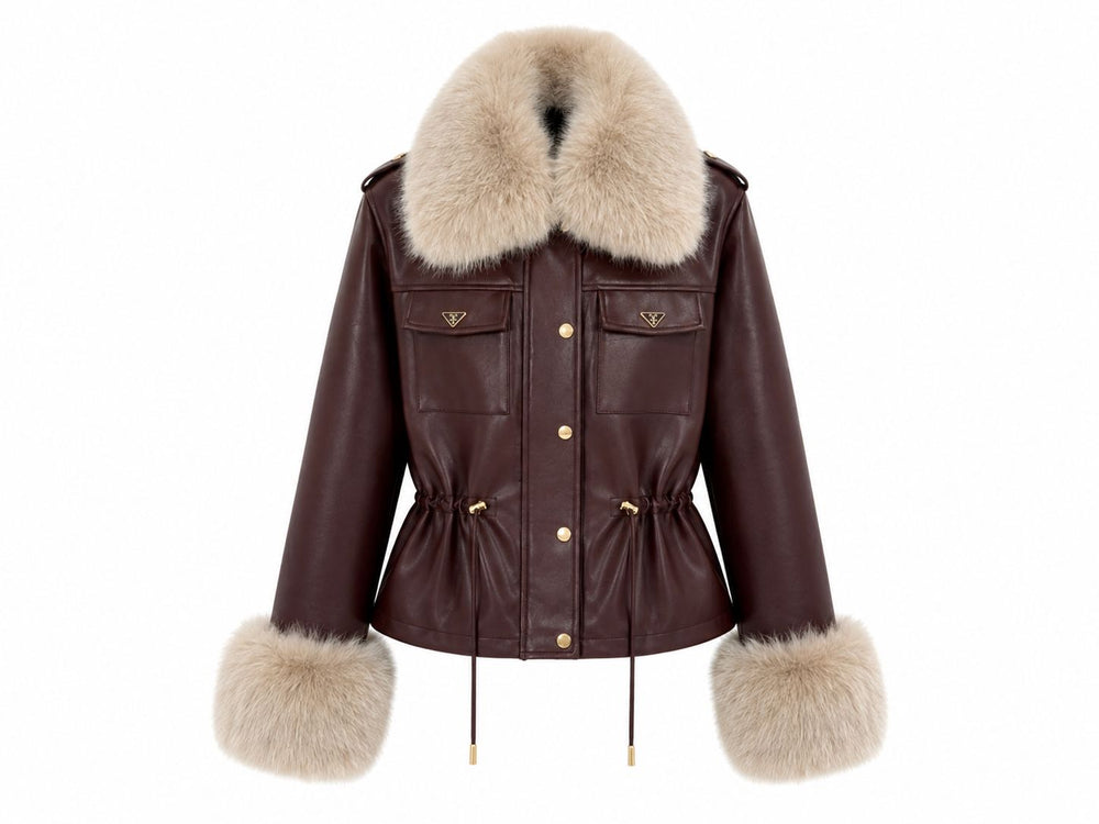 Veste similicuir bordeaux avec fourrure beige  202311