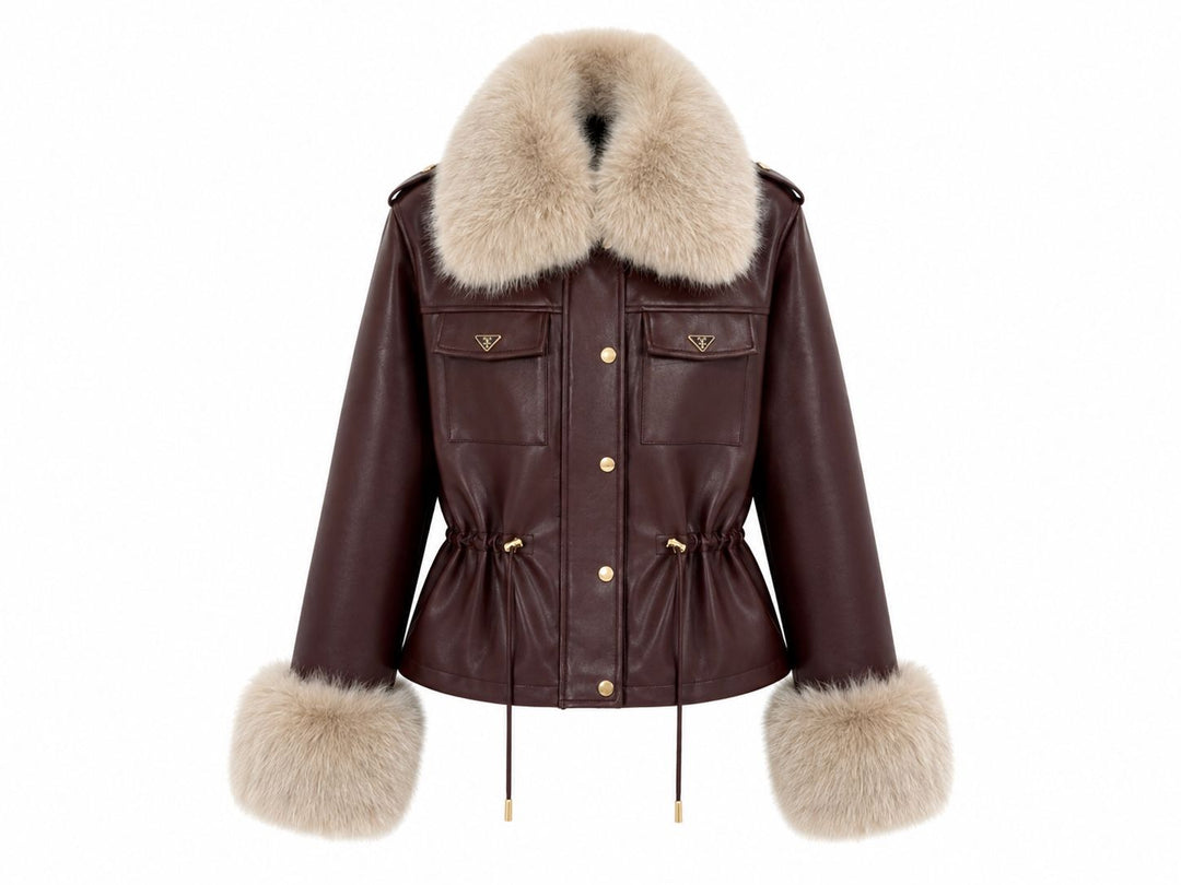 Veste similicuir bordeaux avec fourrure beige  202311