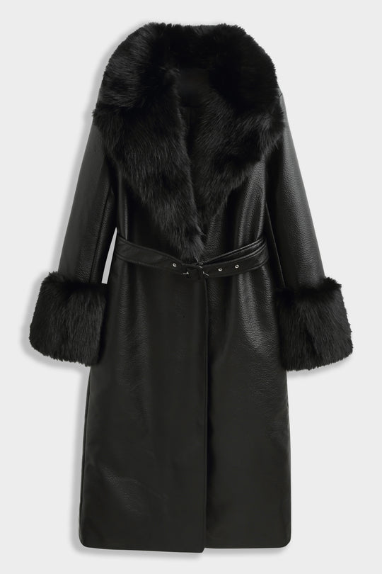 MANTEAU LONG EN SIMILICUIR Fourrure Noir 9202