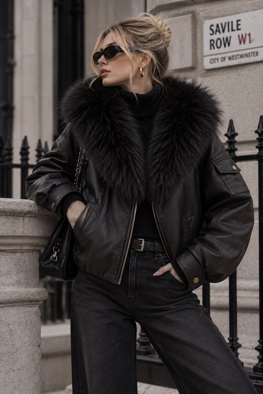 Veste bombers similicuir Capuche fourrure Noir 202317