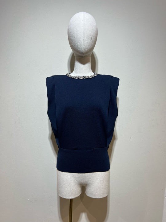 Pull maille épaulette aux strass 6878 Bleu marine