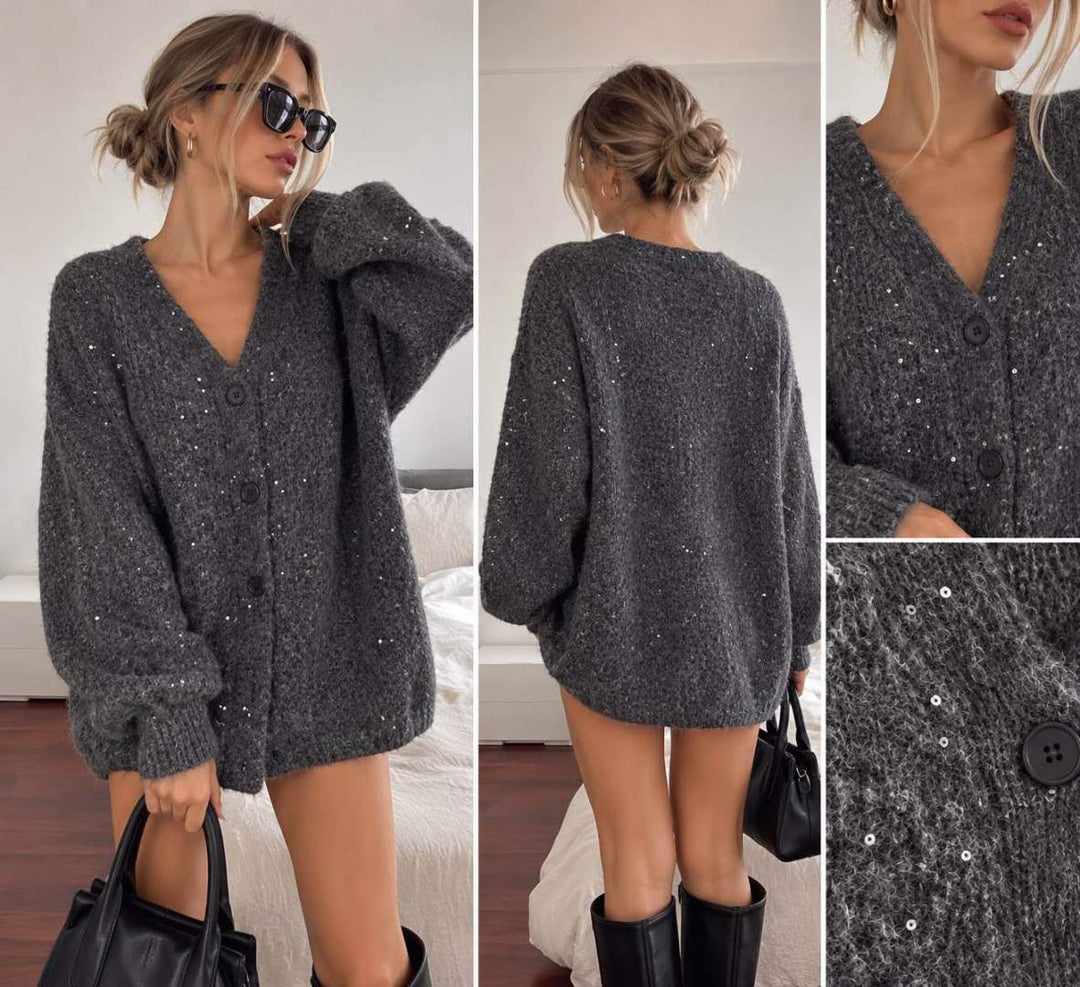 Pull gilet maille gris sequin argenté 1813