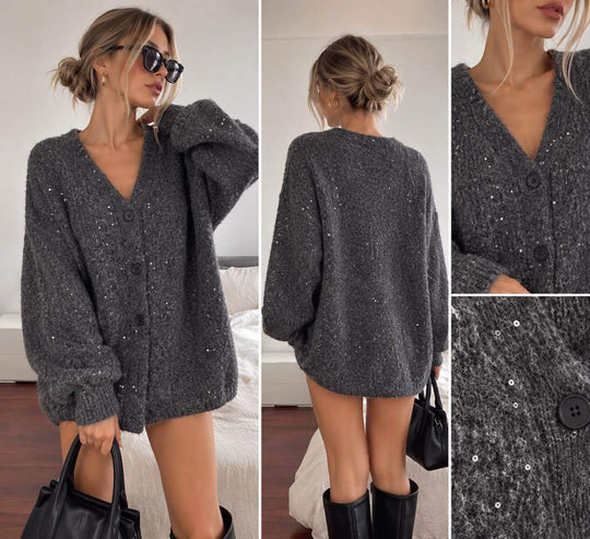 Pull gilet maille gris sequin argenté 1813