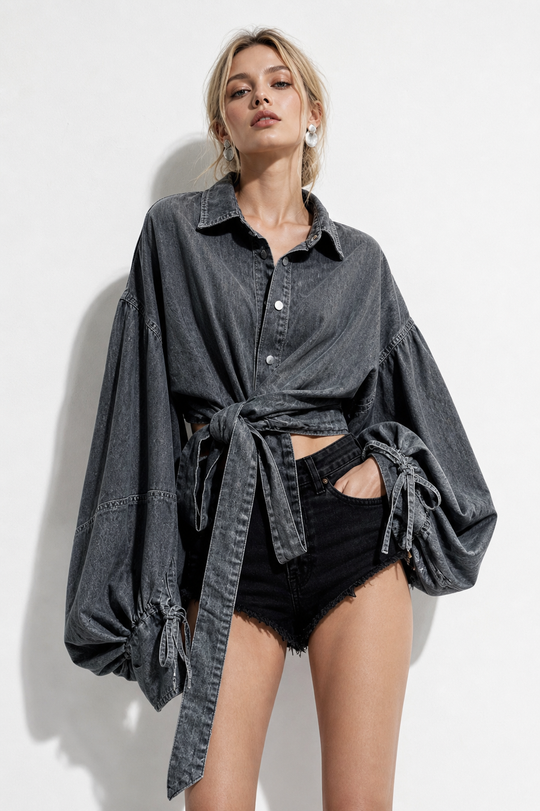 BLOUSE EN JEAN MANCHE LONGUE H13113 Gris