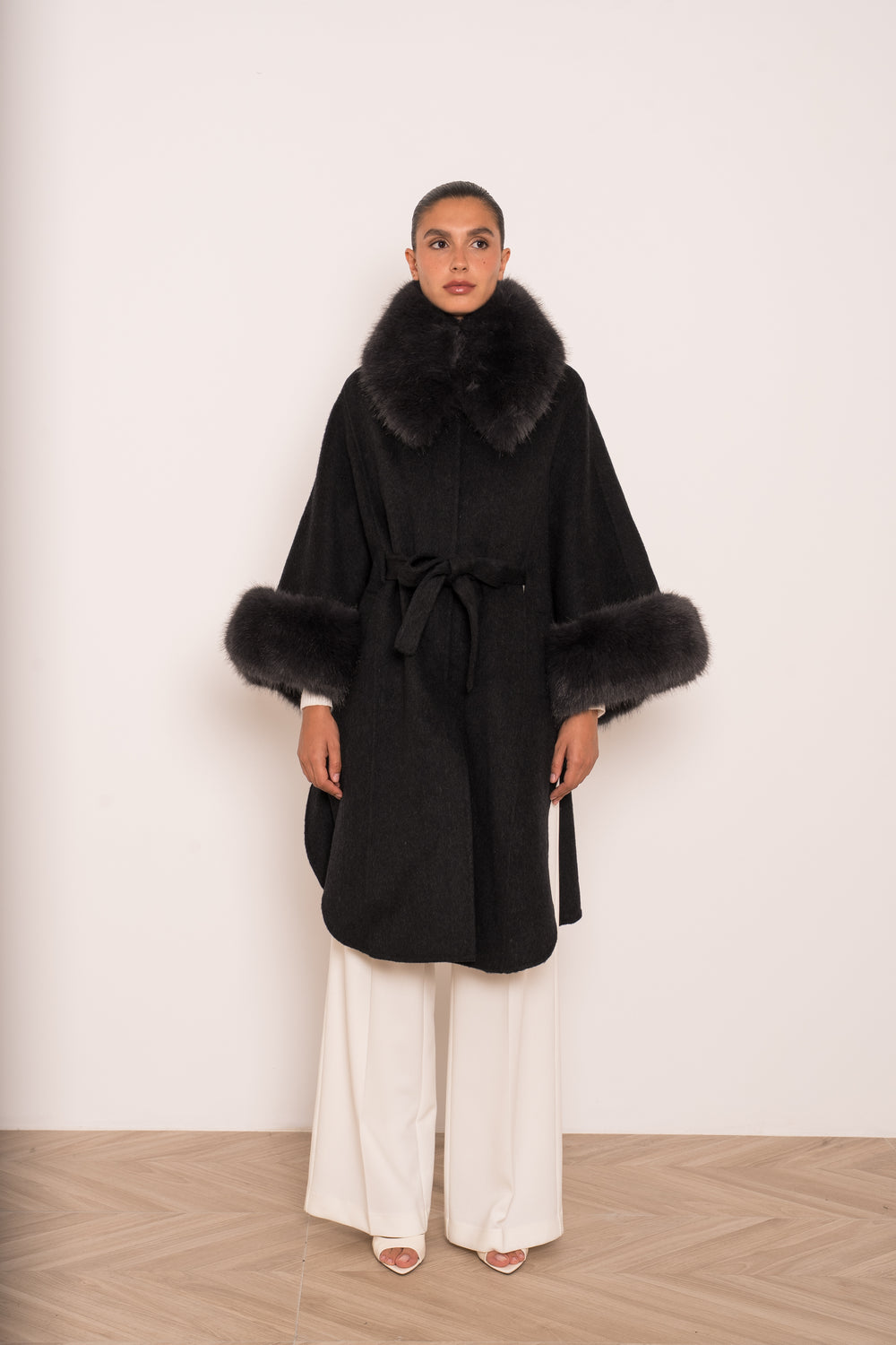 Manteau long laine aux fourrures Gris 26135 (version long)