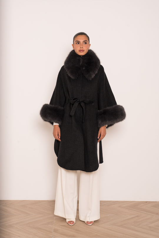 Manteau long laine aux fourrures Gris 26135 (version long)