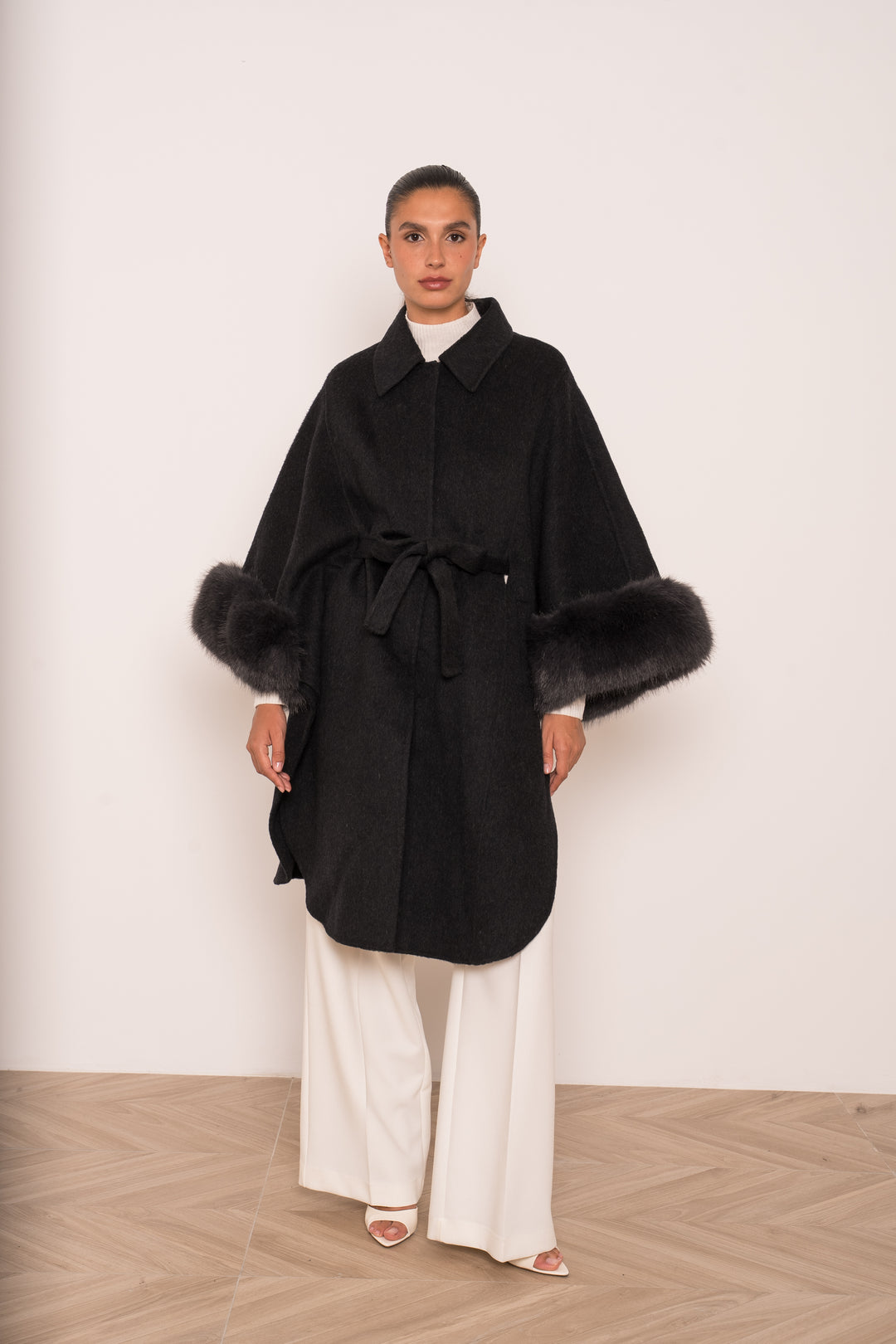 Manteau long laine aux fourrures Gris 26135 (version long)