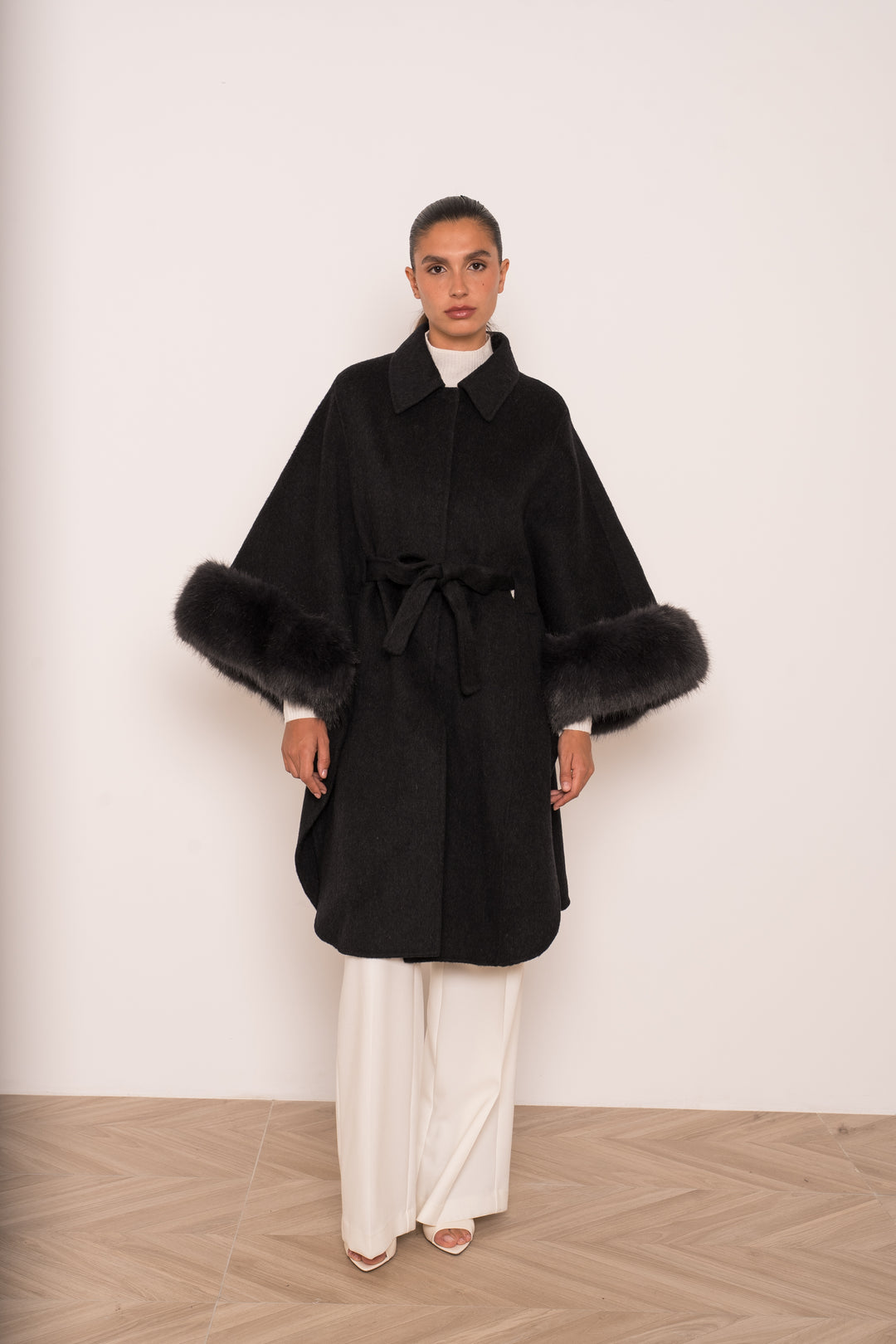 Manteau long laine aux fourrures Gris 26135 (version long)