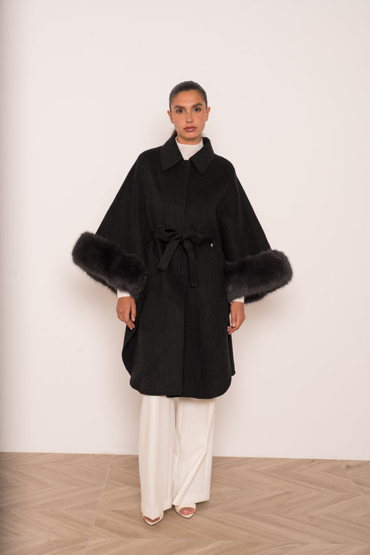 Manteau long laine aux fourrures Gris 26135 (version long)