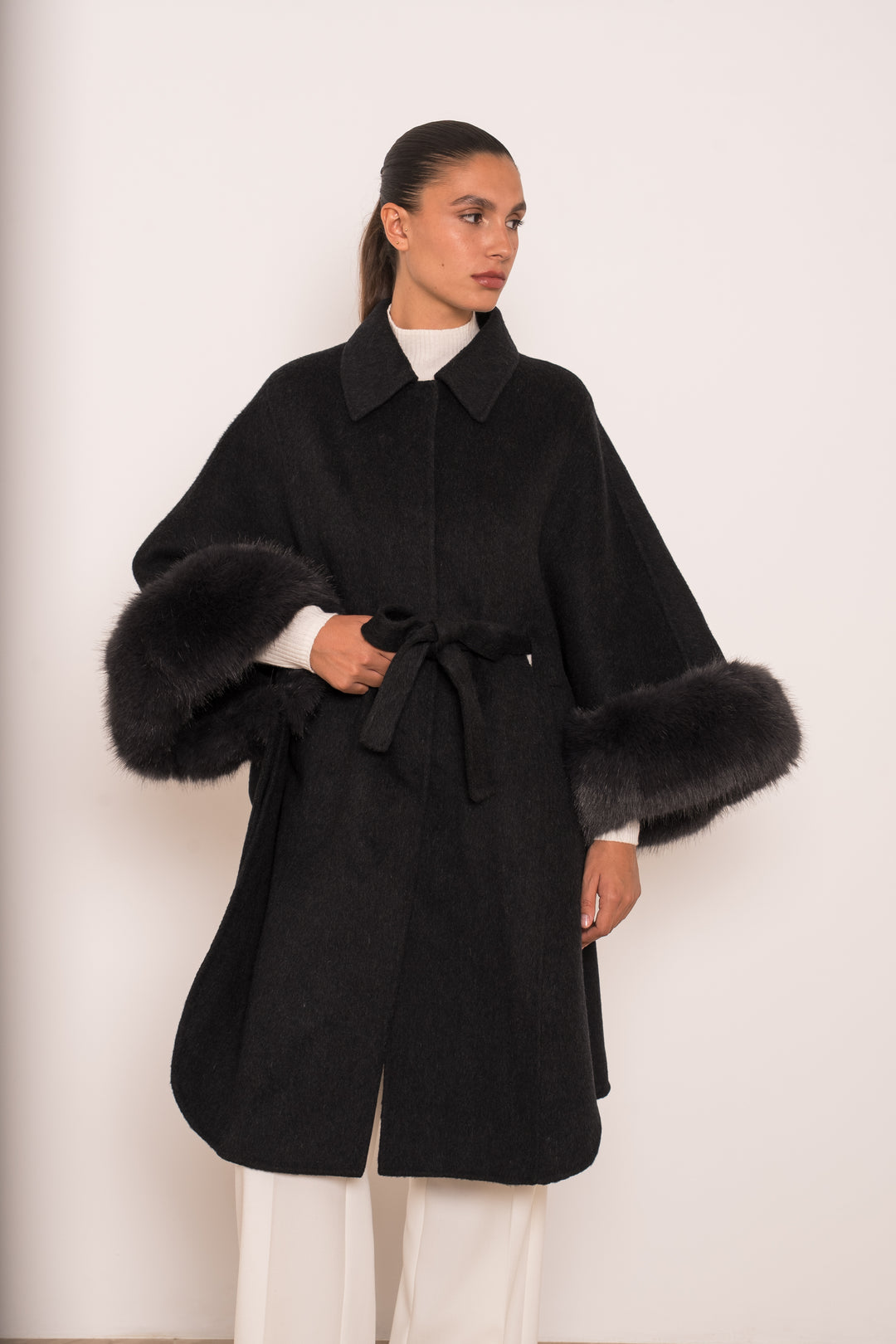 Manteau long laine aux fourrures Gris 26135 (version long)