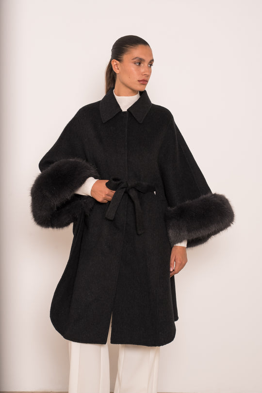 Manteau long laine aux fourrures Gris 26135 (version long)
