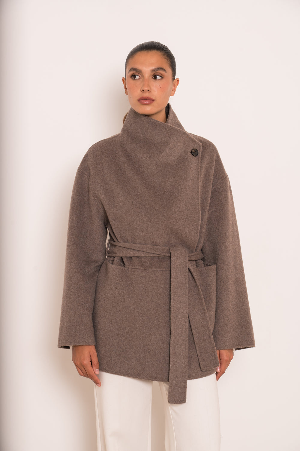 Manteau mi-long laine col montant Taupe M26137
