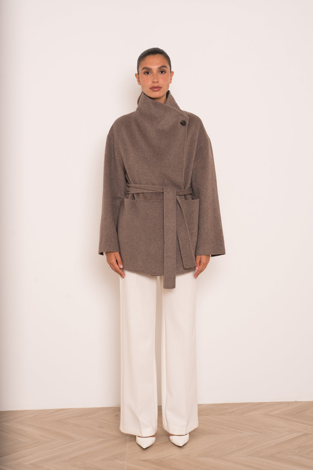 Manteau mi-long laine col montant Taupe M26137