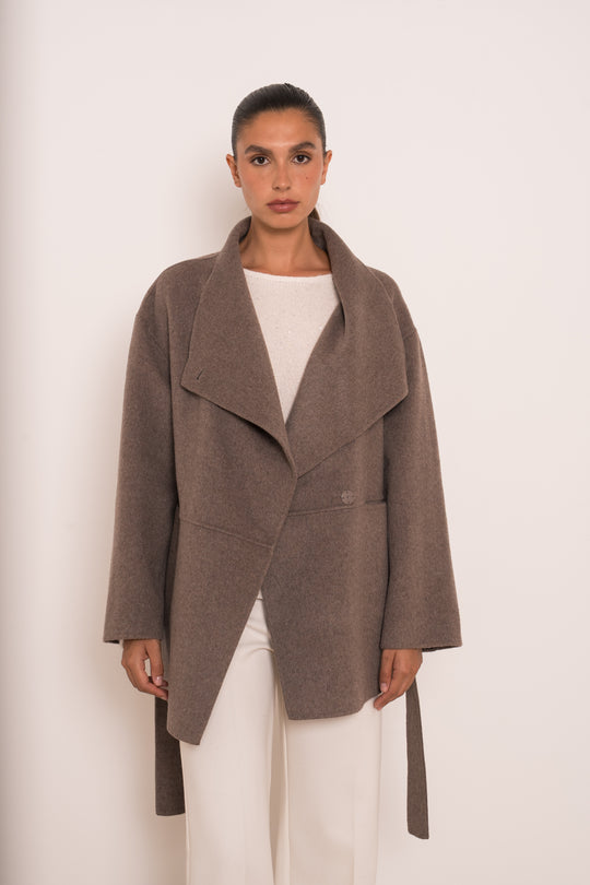 Manteau mi-long laine col montant Taupe M26137