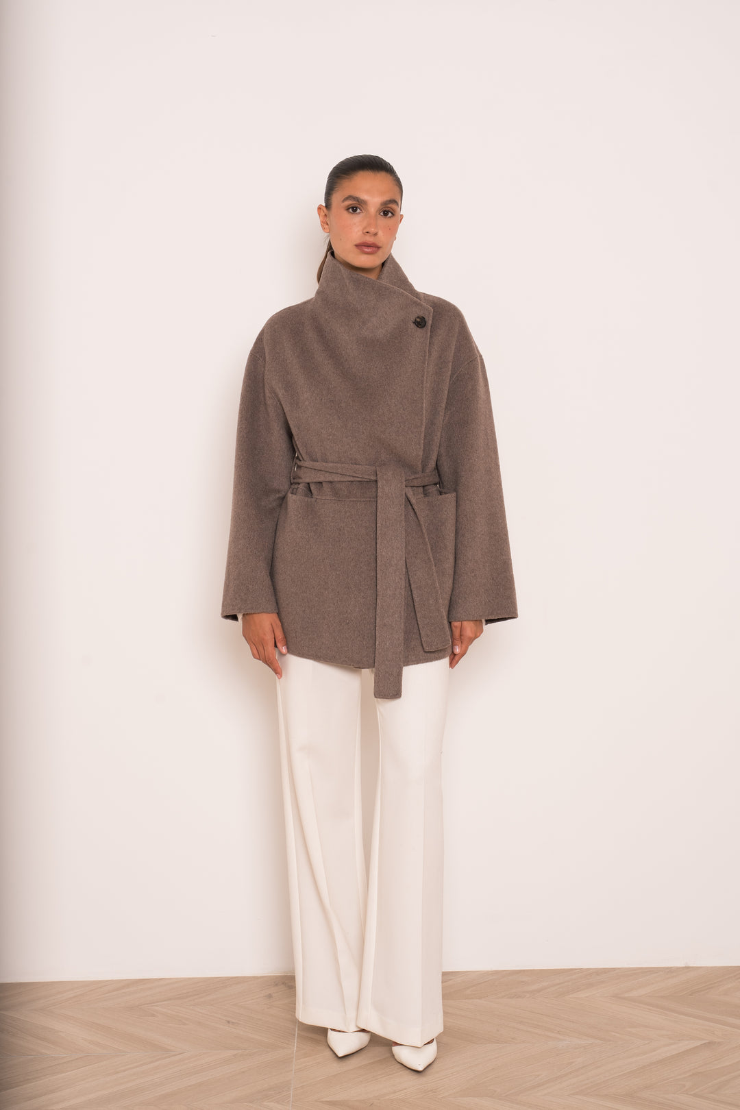 Manteau mi-long laine col montant Taupe M26137