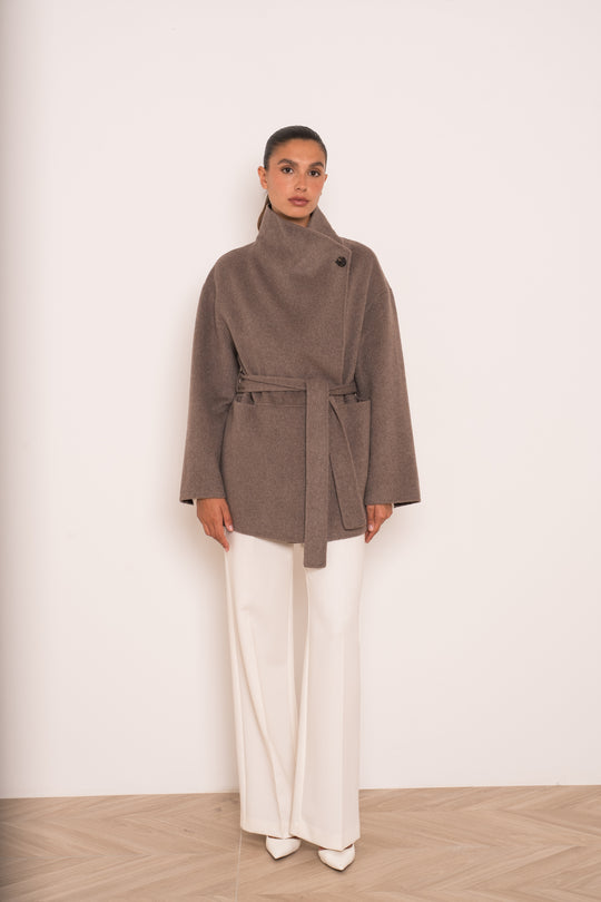 Manteau mi-long laine col montant Taupe M26137