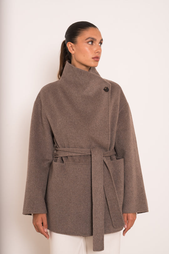 Manteau mi-long laine col montant Taupe M26137
