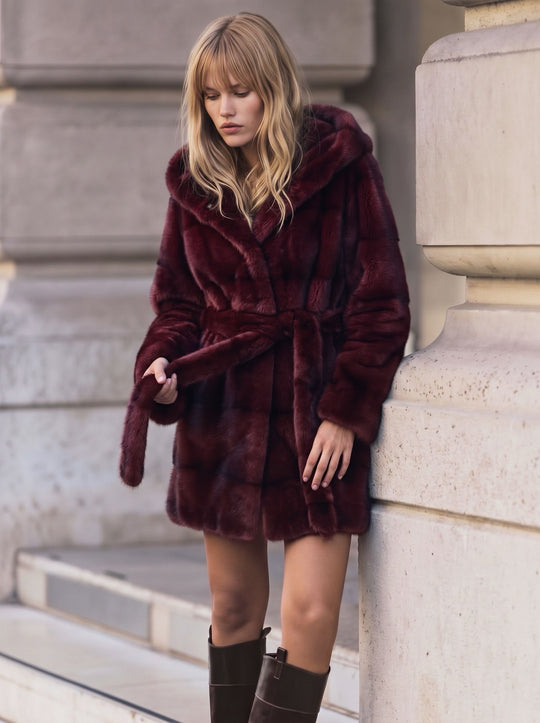 Manteau Fourrures capuche GD9029 Bordeaux