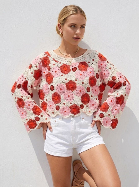 Pull crochet fleurs ROSE D47