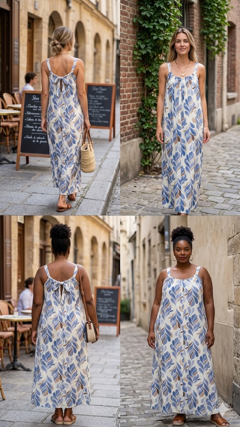 Robe longue à motif feuillage abstrait ÉCRU / BLEU 1383