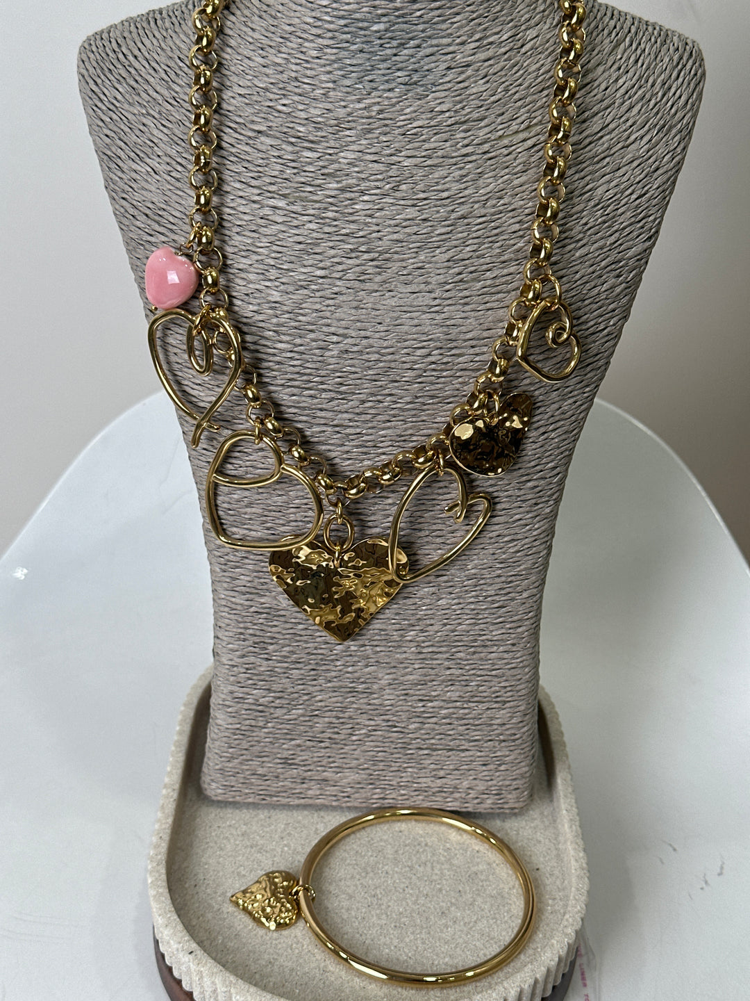 Set collier chaîne multi cœur + bracelet cœur or