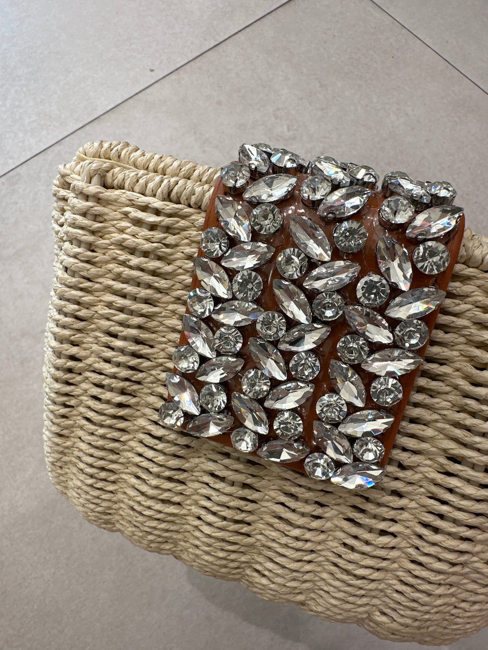 Sac paille strass beige