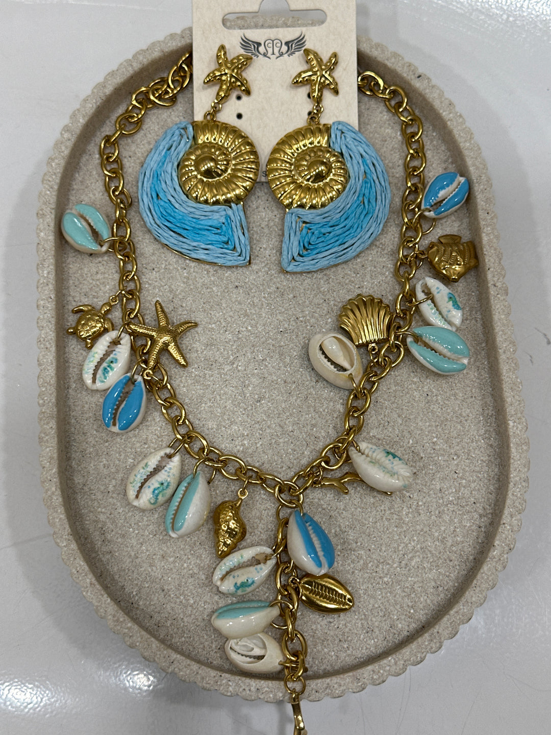 Set collier multi pendentif bleu + boucles d’oreilles