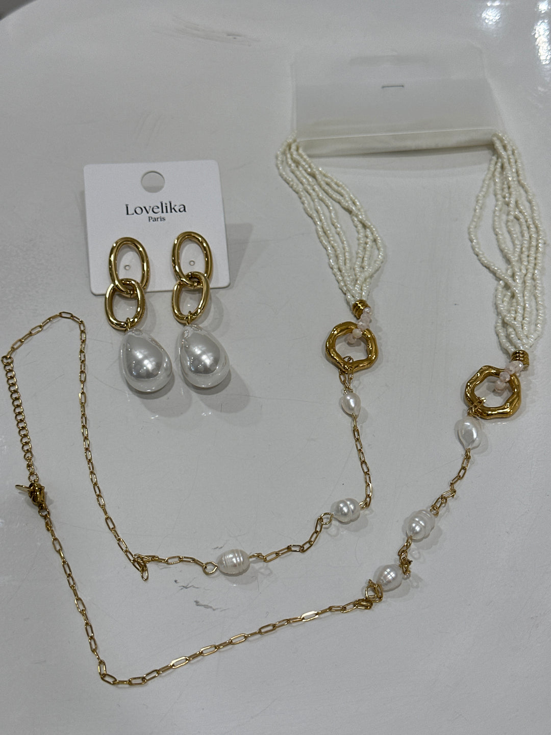 Set sautoir perle blanche + boucle perle blanche