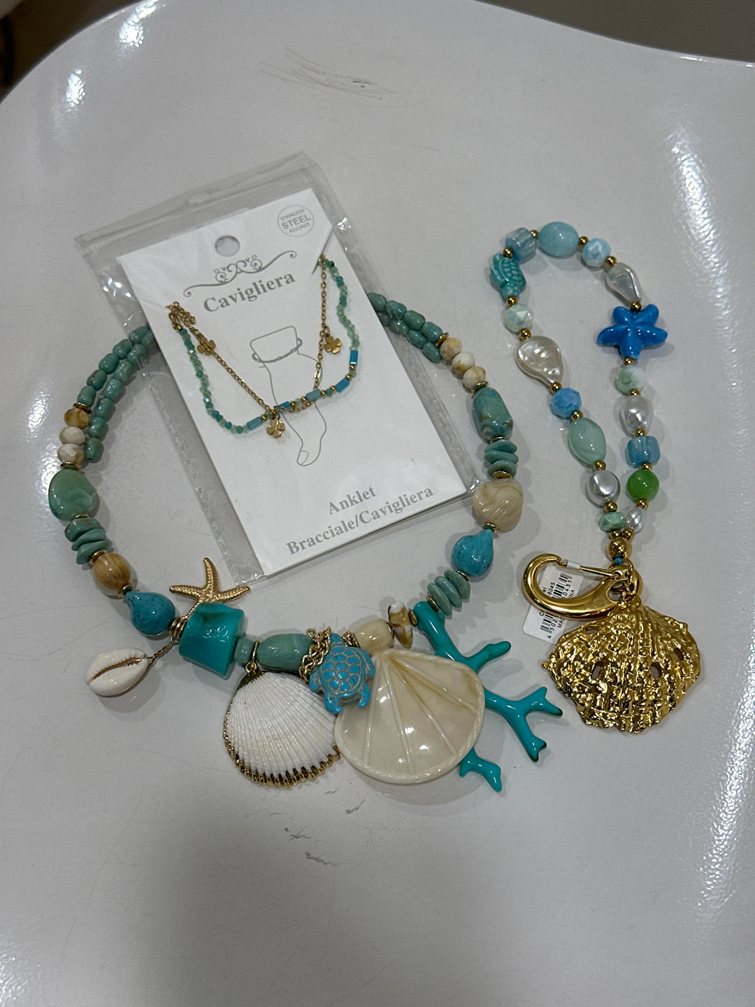 Set collier coquillage turquoise + bracelet porte clé + chaîne pied