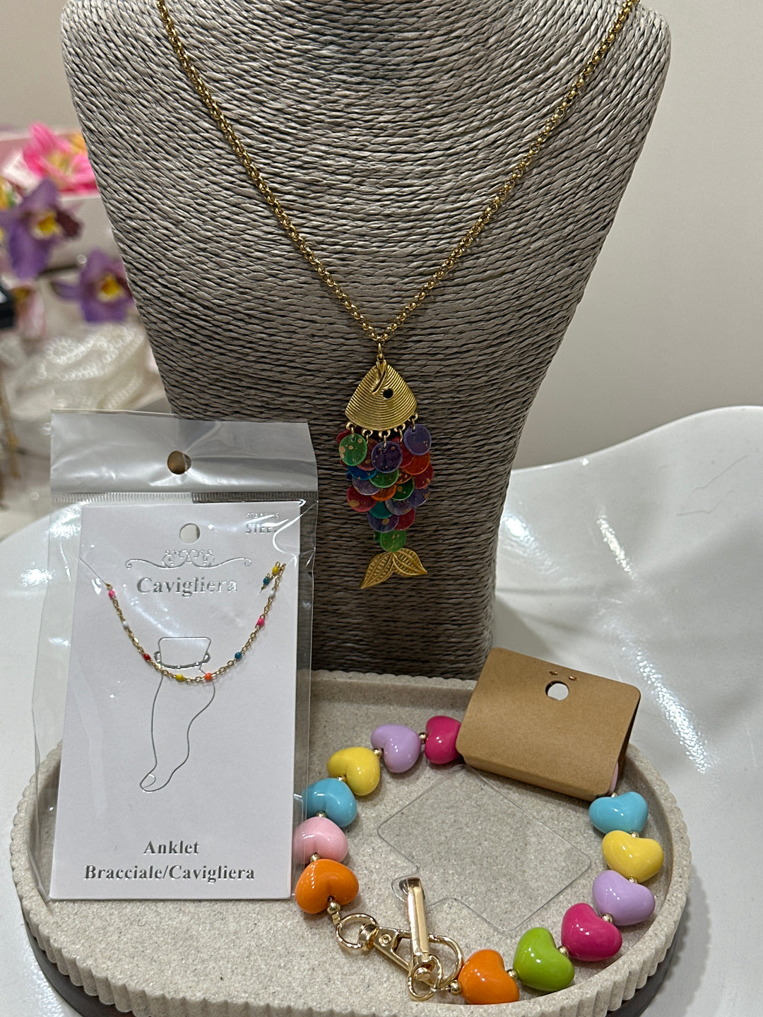 Set collier poisson + bijou pied + bracelet téléphone multicouleurs