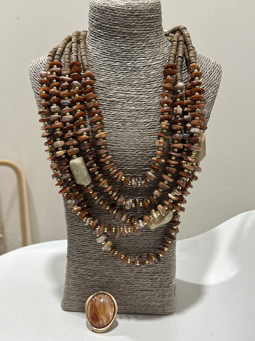 Set collier perles 5 rangs + bague nacré