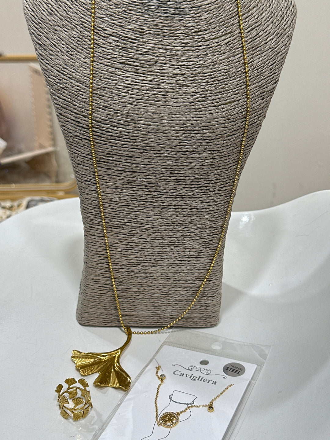 Set sautoir + bague + bijou pied ginkgo