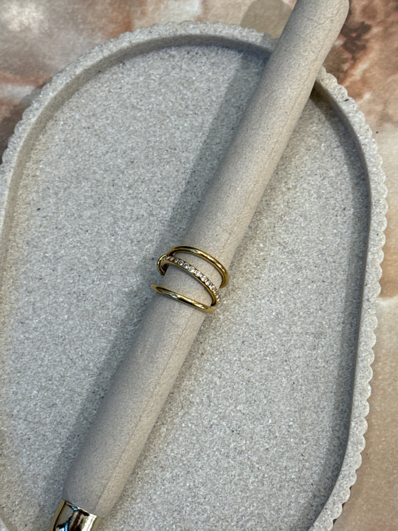 Bague trois rangs or strass