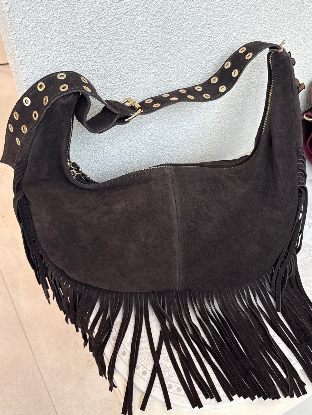 Sac cuir franges anse clous 6767 choco