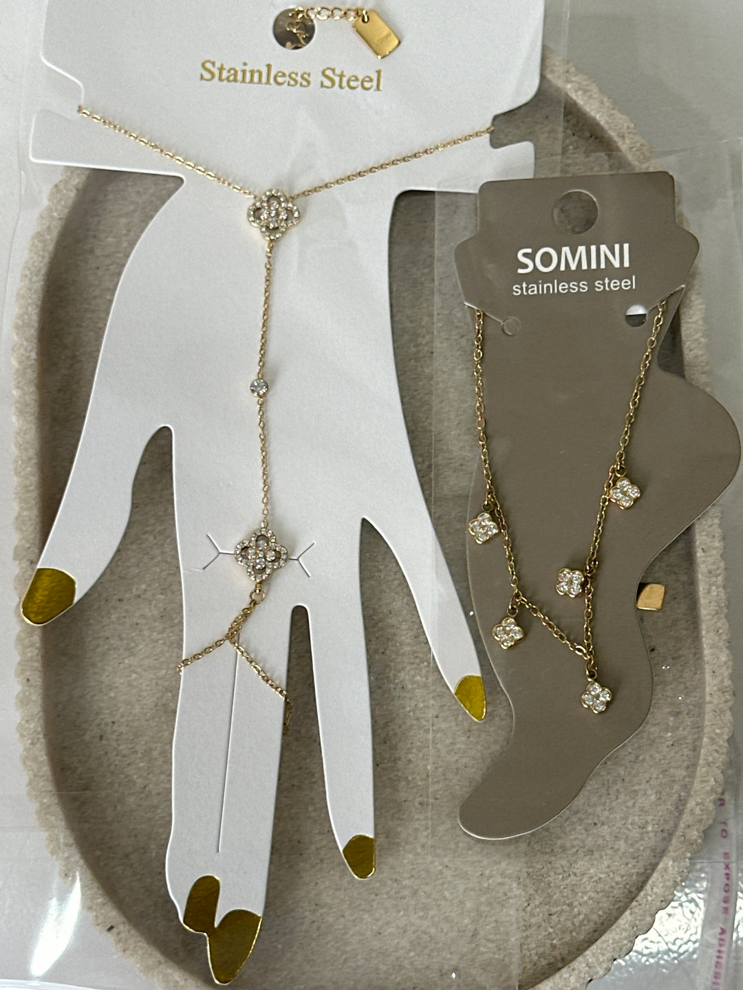 Set bijoux main trèfle + bijoux pied trèfle OR