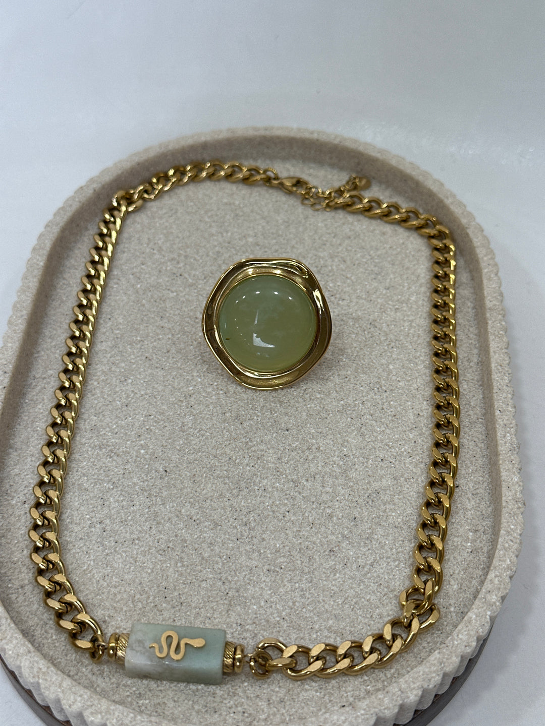Set collier motif serpent + bague verte