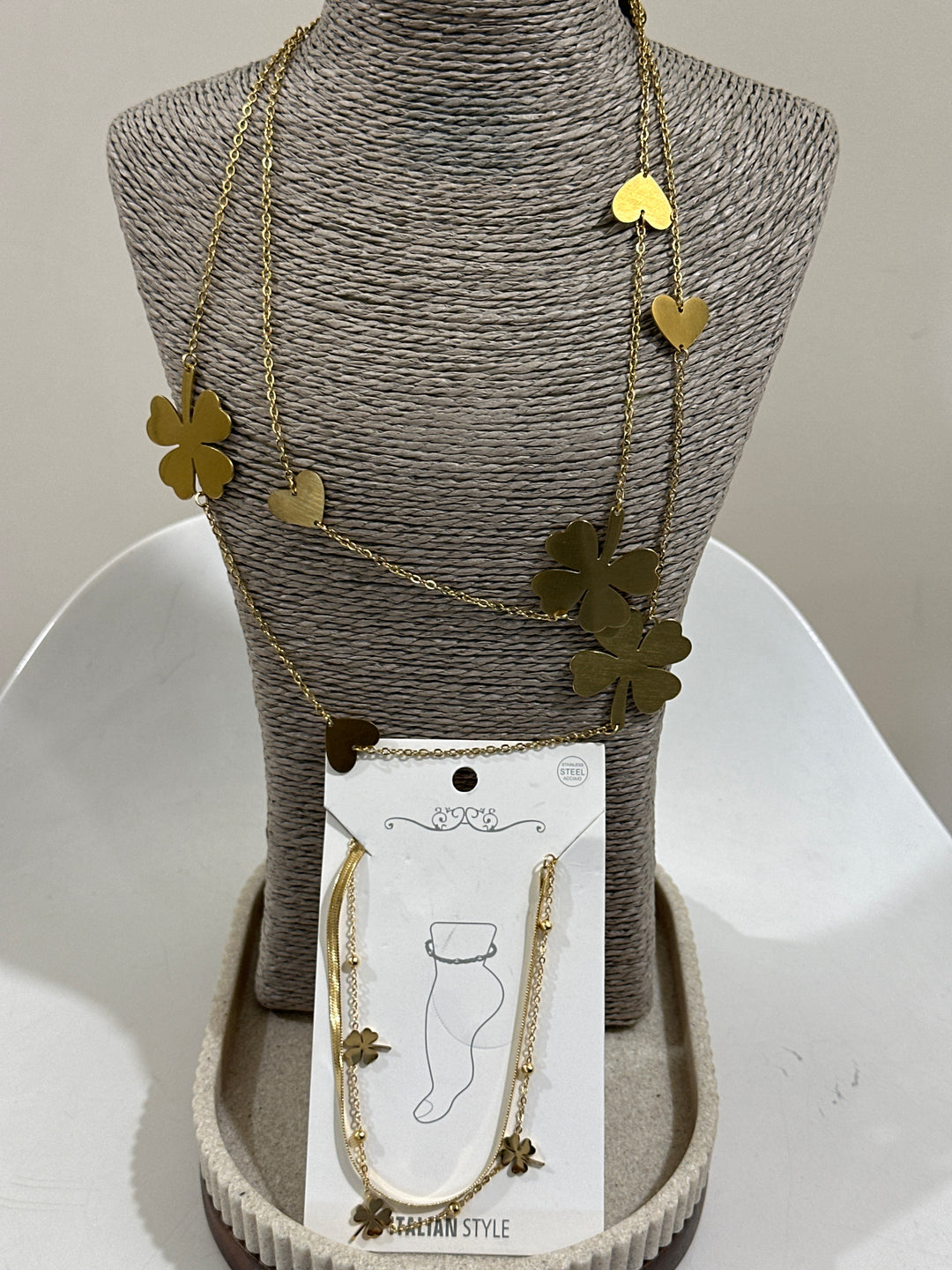 Set collier trèfle + bijou pieds trefle