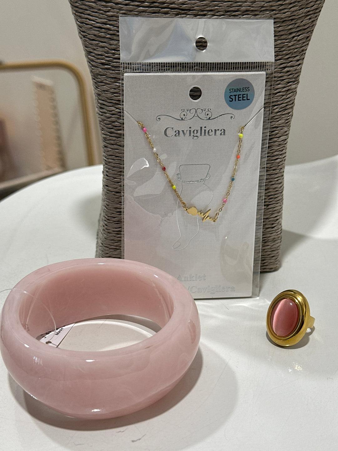 Set manchette rose + bague rose + bijou pied