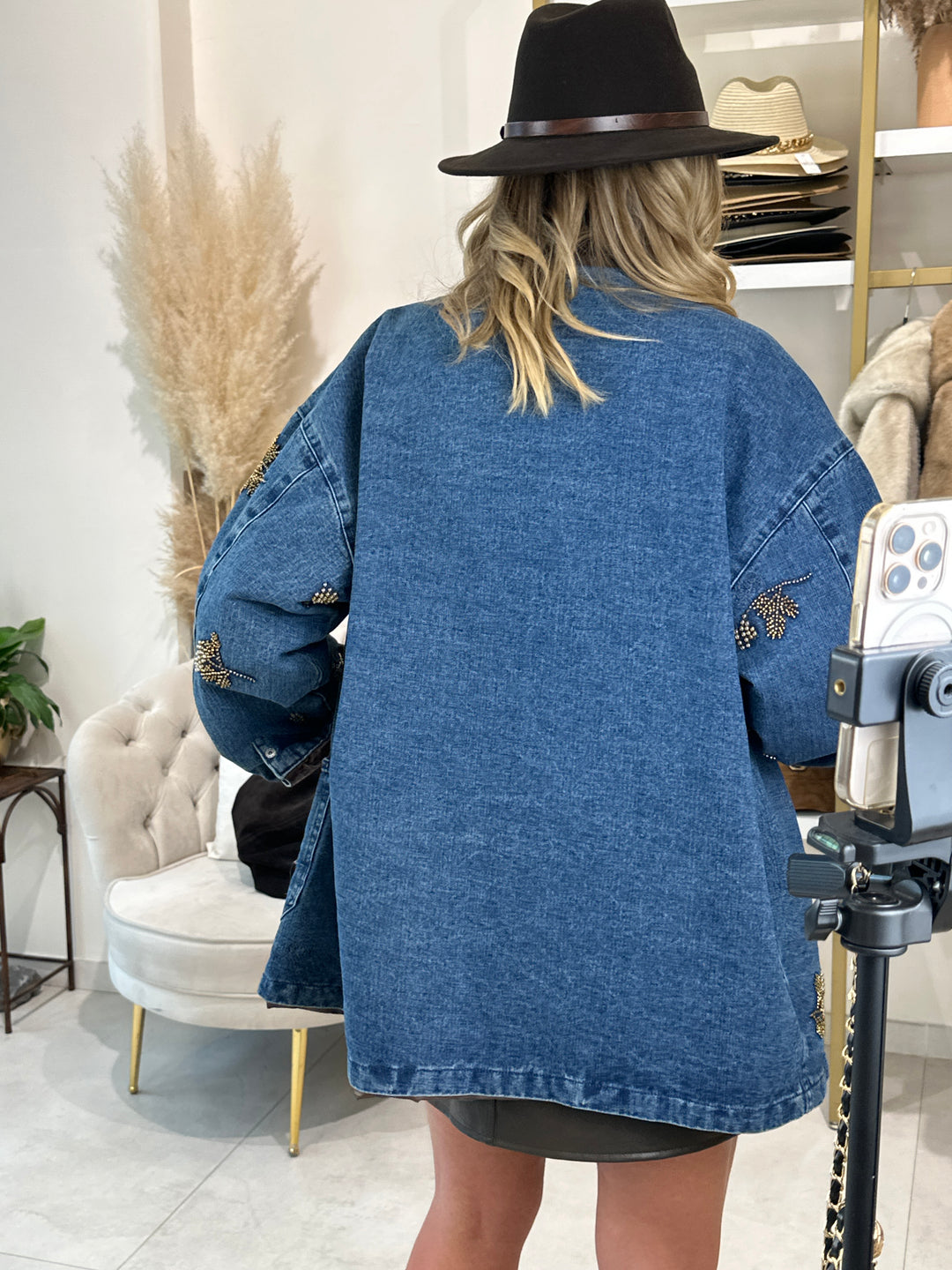 Veste jean épais strass fleurs V8604