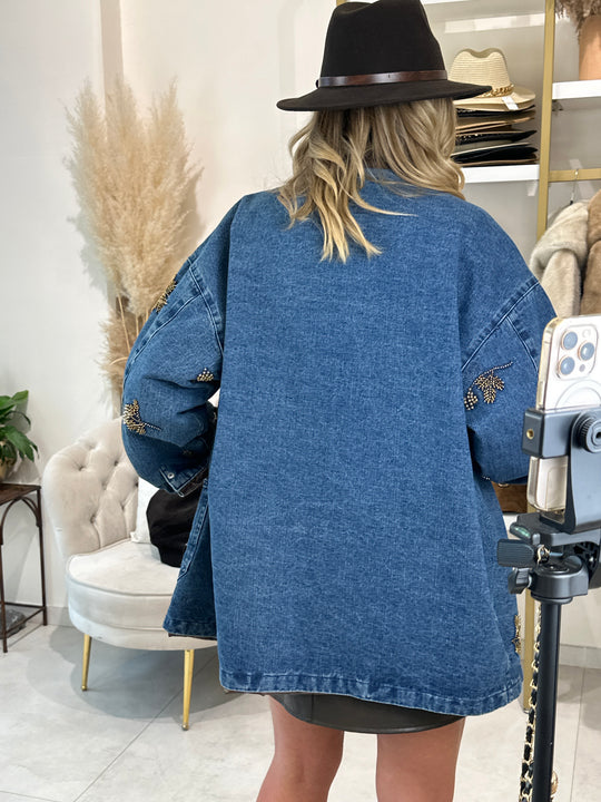 Veste jean épais strass fleurs V8604