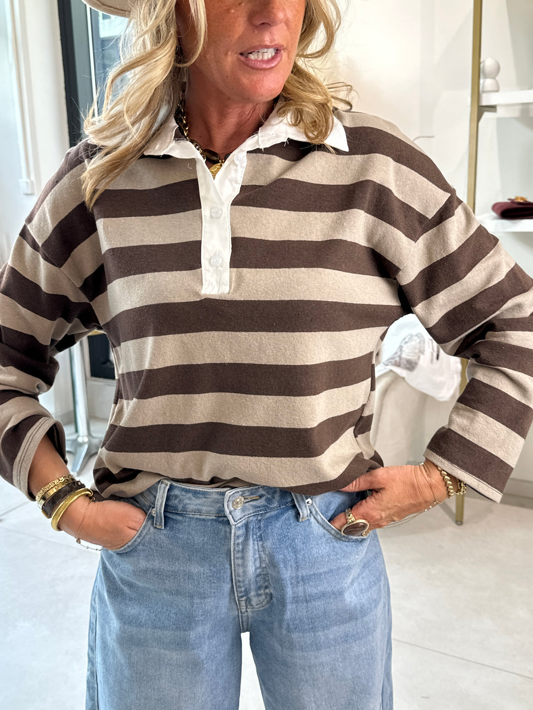 Pull rayé taupe/choco D7409