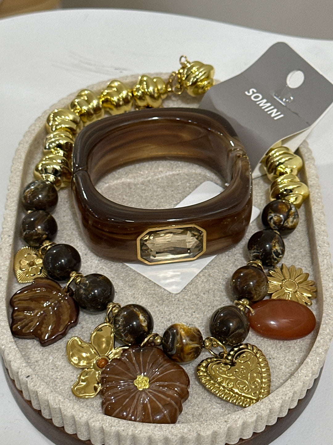 Set manchette marron + gros collier marron