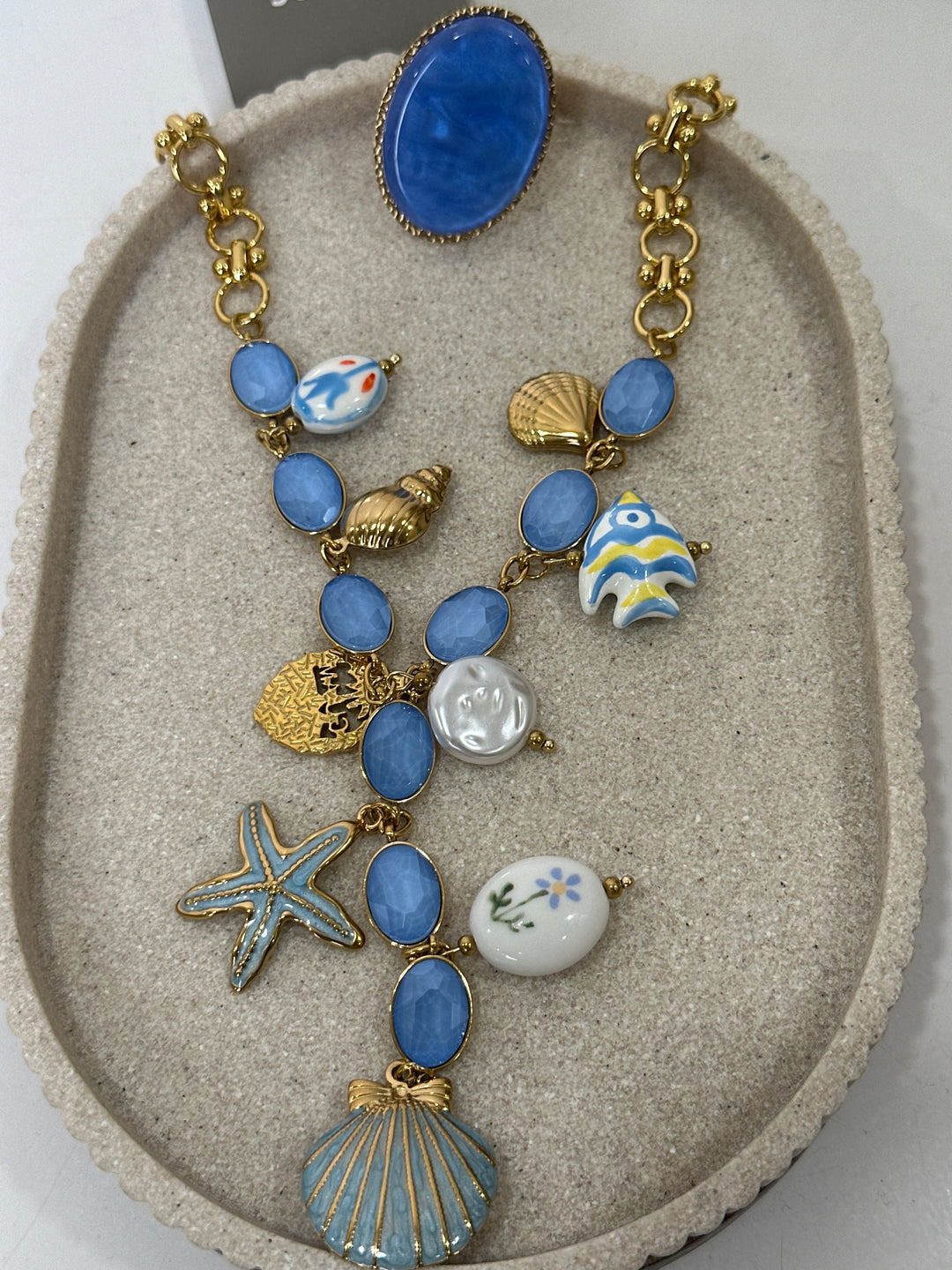 Set collier multi pendentif + bague BLEU